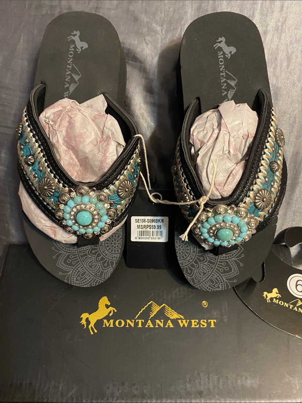 Montana West Black Sandals with Turquoise Accents and Silver Details